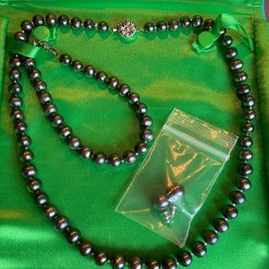 Beautiful Set of Heavy Round Lusterous Black Pearls with Silver Tone Clasps